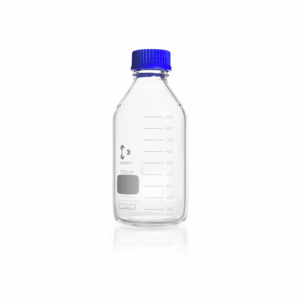 DURAN® Laboratory bottle, clear, graduated, GL 45, with screw-cap and pouring ring (PP), 1000 ml EACH - 218015455