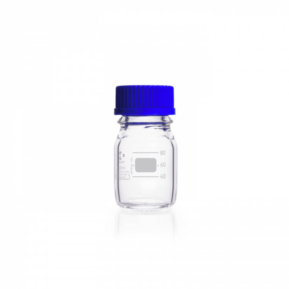 DURAN® Laboratory bottle, clear, graduated, GL 45, with screw-cap and pouring ring (PP), 100 ml EACH - 218012458
