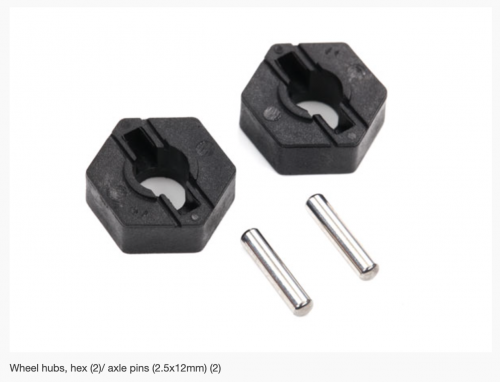 4954 Wheel hubs, hex (2)/ axle pins (2.5x12mm) (2)