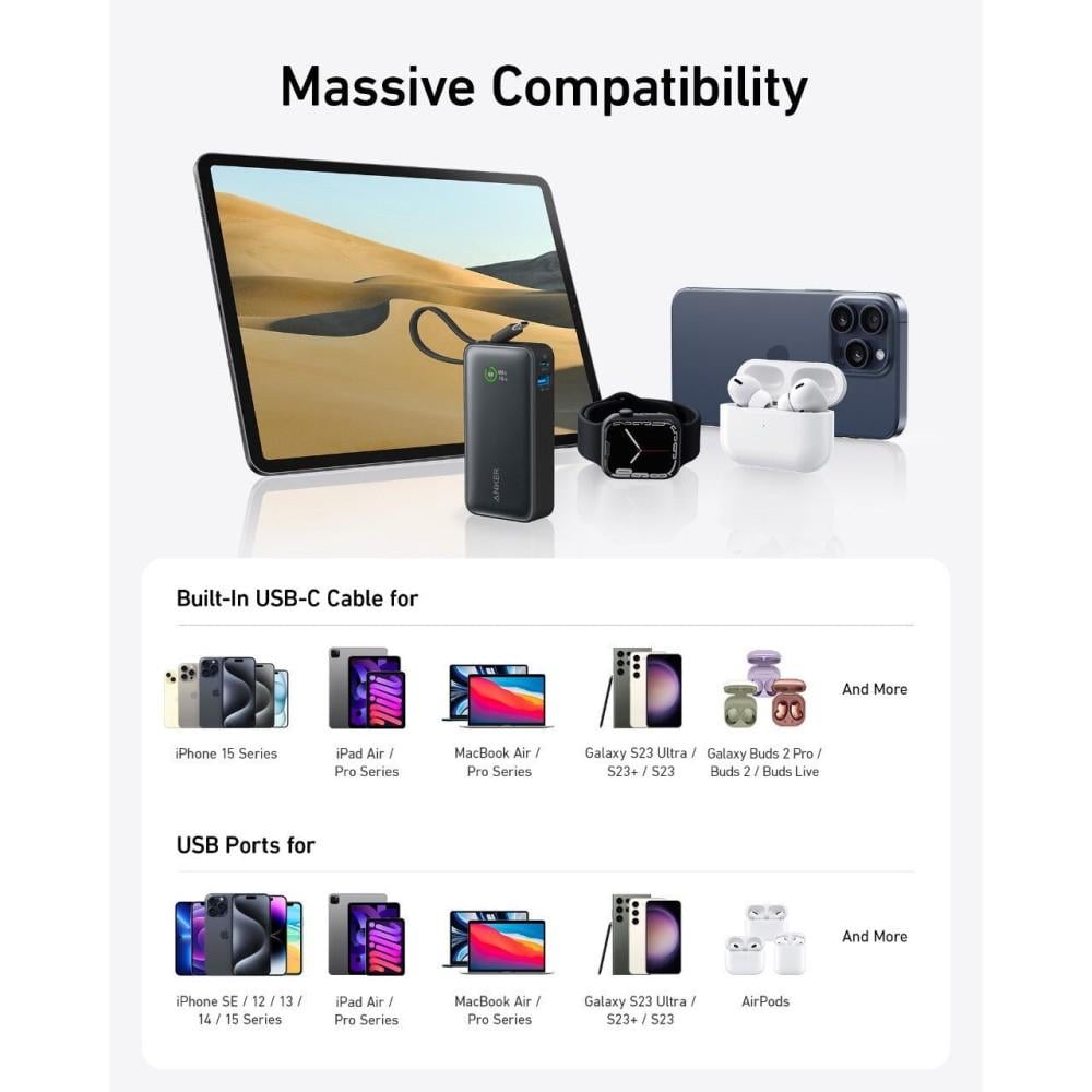 بور بانك انكر صغير بسعة 10000 امبير شاحن متنقل اسود مع سلك تايب سي 30W