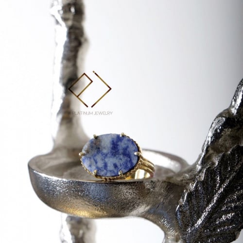 خاتم فضة عيار 925 مطلي ذهب و حجر لابيس طبيعي