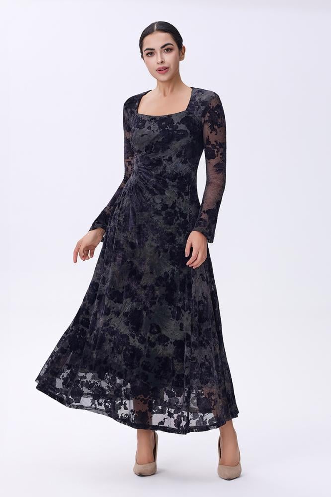فستان أسود مخملي دانتيل بأكمام شفافة