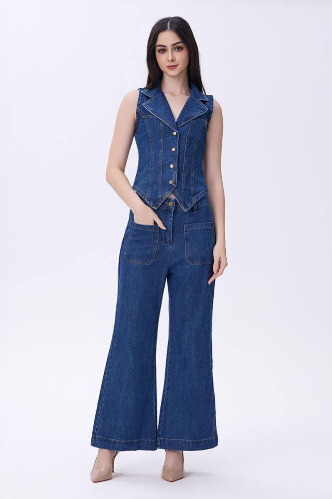 توب دنيم بدون أكمام بأزرار معدنية