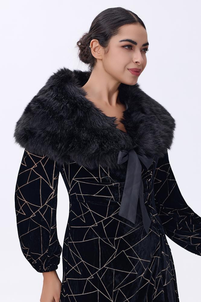 شال أسود بفرو ناعم وربطة ساتان