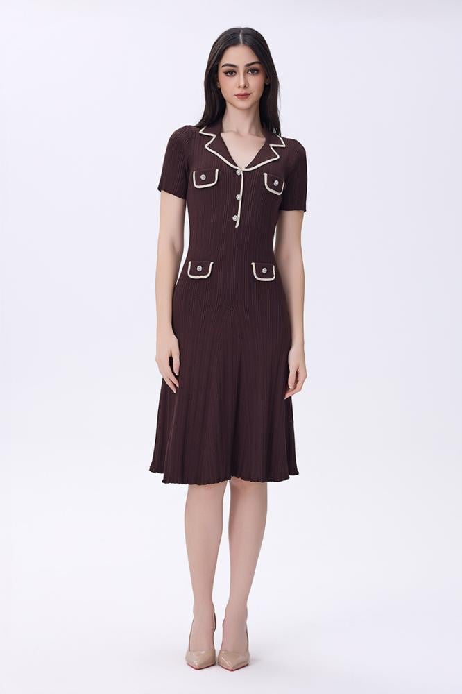 فستان بني استرتش بتفاصيل كريمية