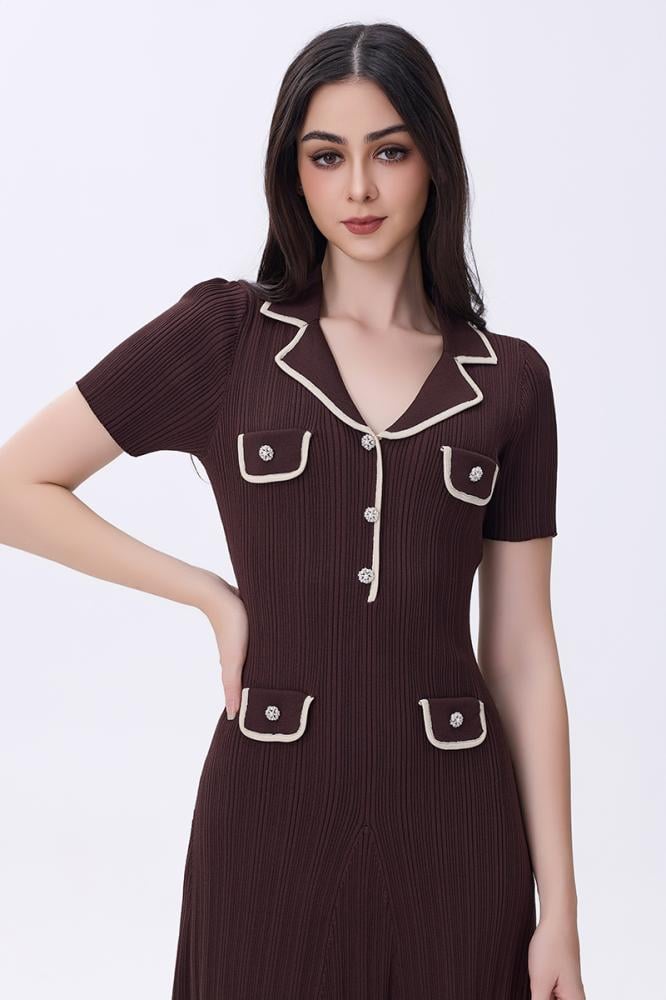 فستان بني استرتش بتفاصيل كريمية