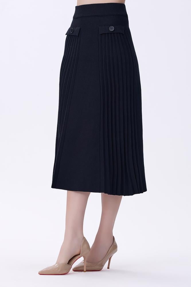 تنورة شتوي بليسيه سوداء بأزرار جانبية