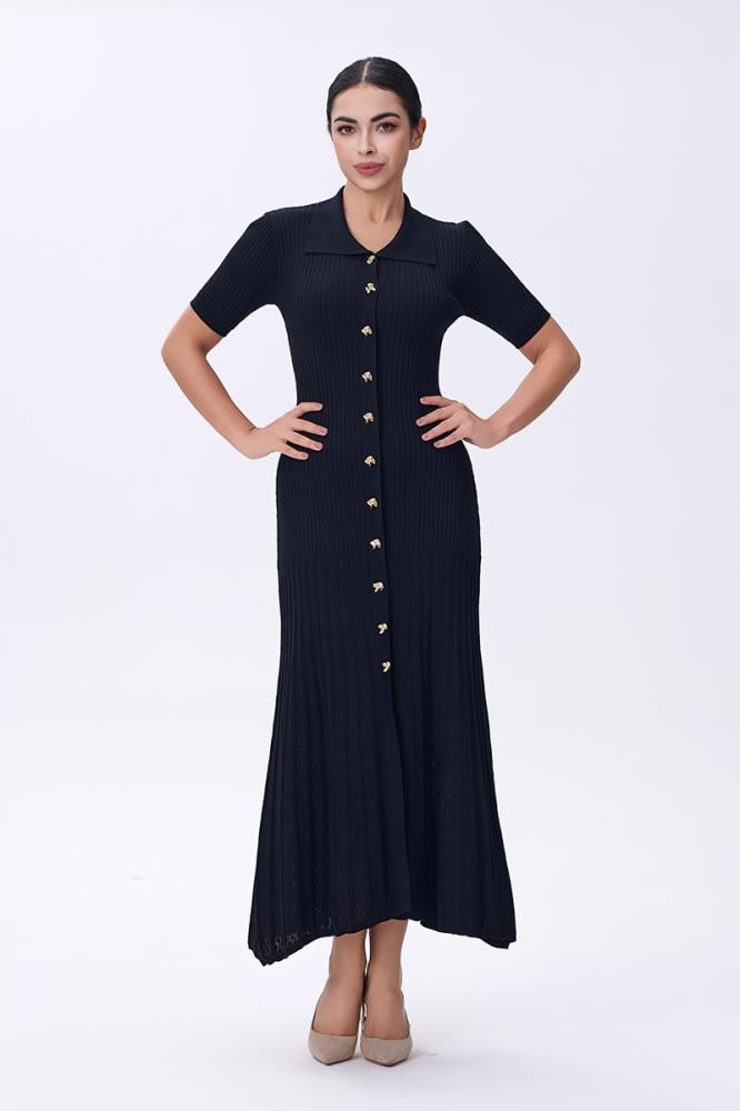 فستان أسود بأزرار أمامية ميدي