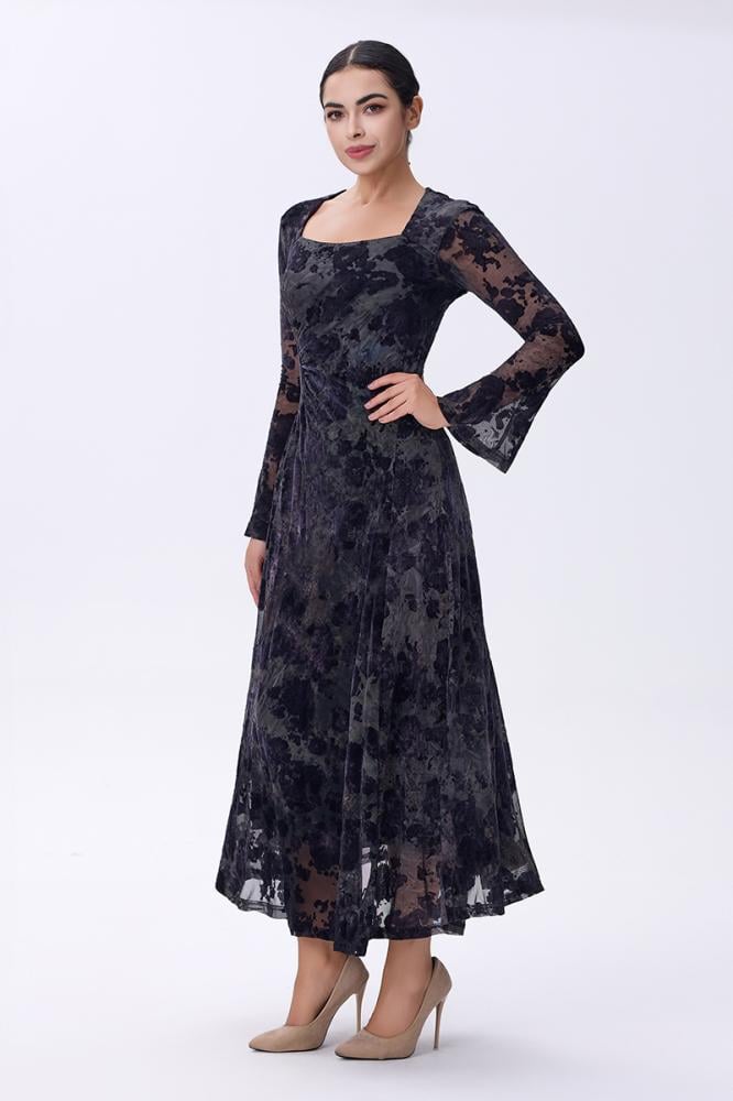فستان أسود مخملي دانتيل بأكمام شفافة