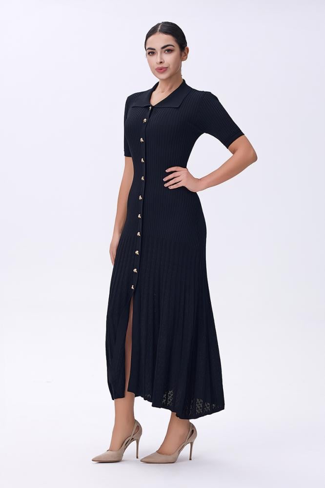 فستان أسود بأزرار أمامية ميدي