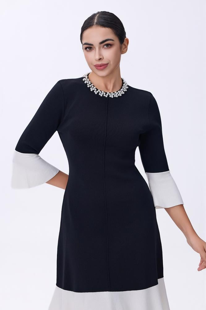 فستان أسود بأطراف بيضاء وياقة مرصعة بالأحجار