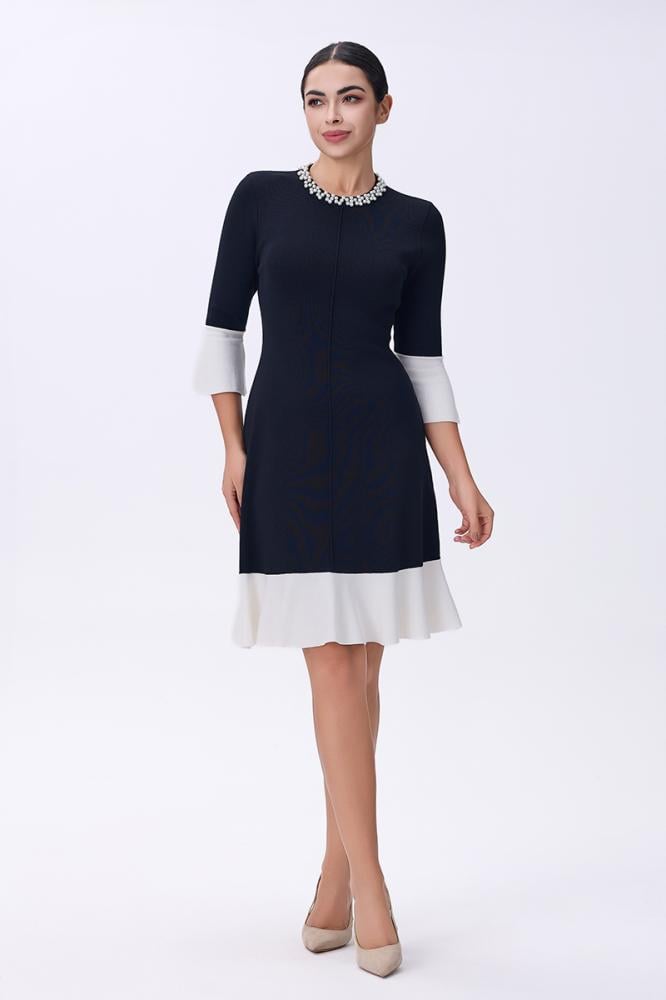 فستان أسود بأطراف بيضاء وياقة مرصعة بالأحجار