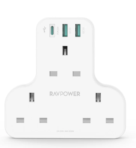 شاحن جداري راف باور بايونير 3 مداخل طاقه ثلاثيه مع منفذين USB ومنفذ تايب سي بتقنية PD بقوة 20 واط