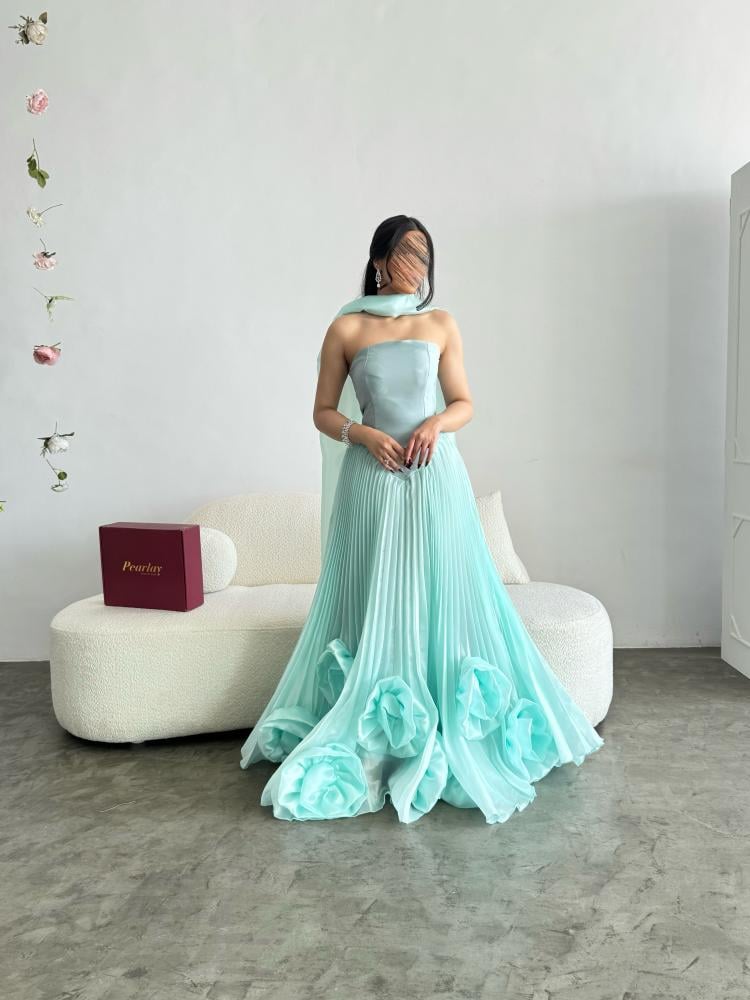 فستان سهره فيروزي ورود مع شال