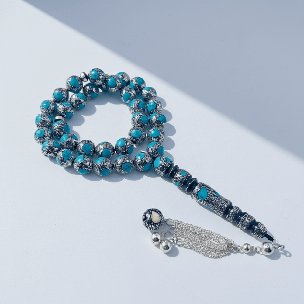 سبحة يسر مع كوك فاخر مطعم فضة عيار 1000  و بالفيروز - 12 ملي