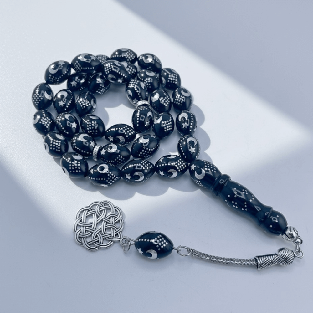 سبحة كوك طبيعي لوكس فاخر مطعم معدن بنقش هلال ونجمة - 12 ملي 33 خرزة