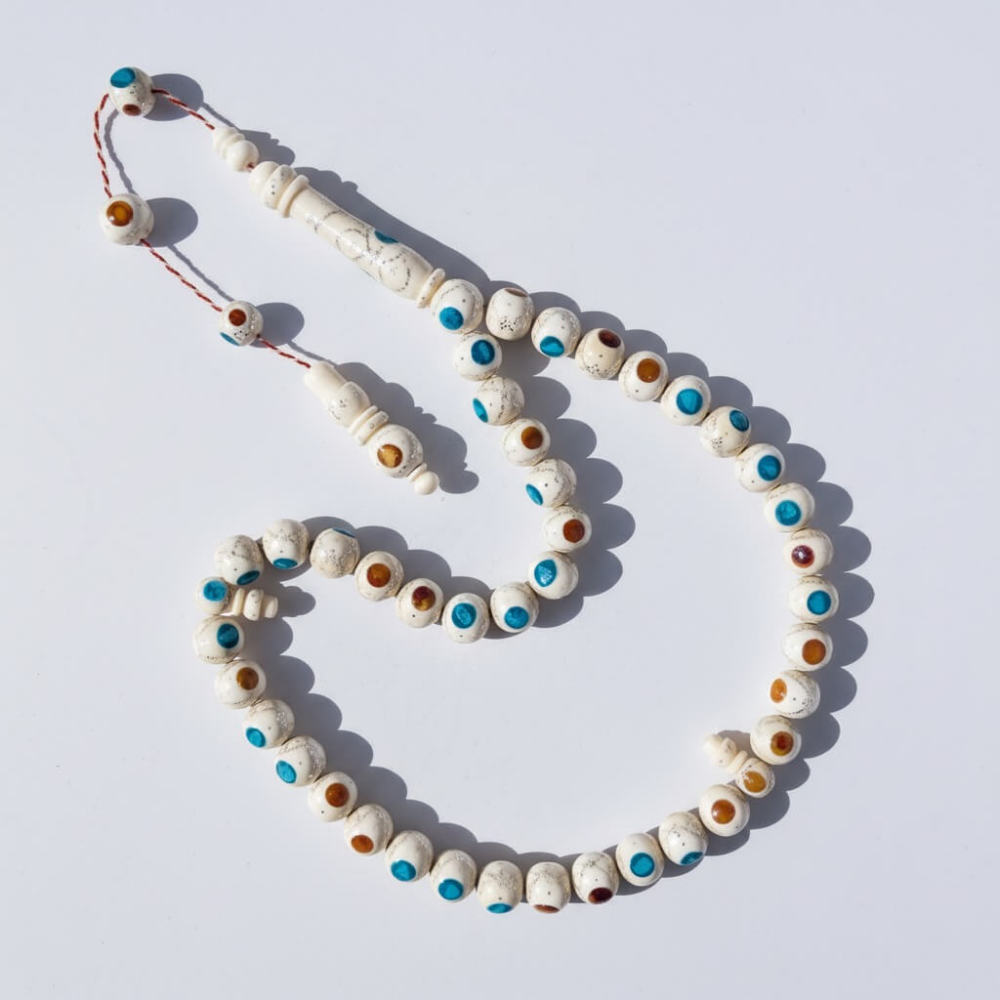 سبحة عاج ناب الفيل مطعمة فضة و كهرمان و فيروز طبيعي - 12 ملي 40 خرزة