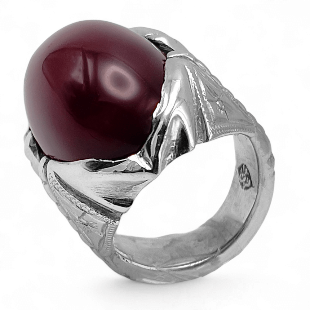 خاتم عقيق ياماني كرزي فضة عيار 950