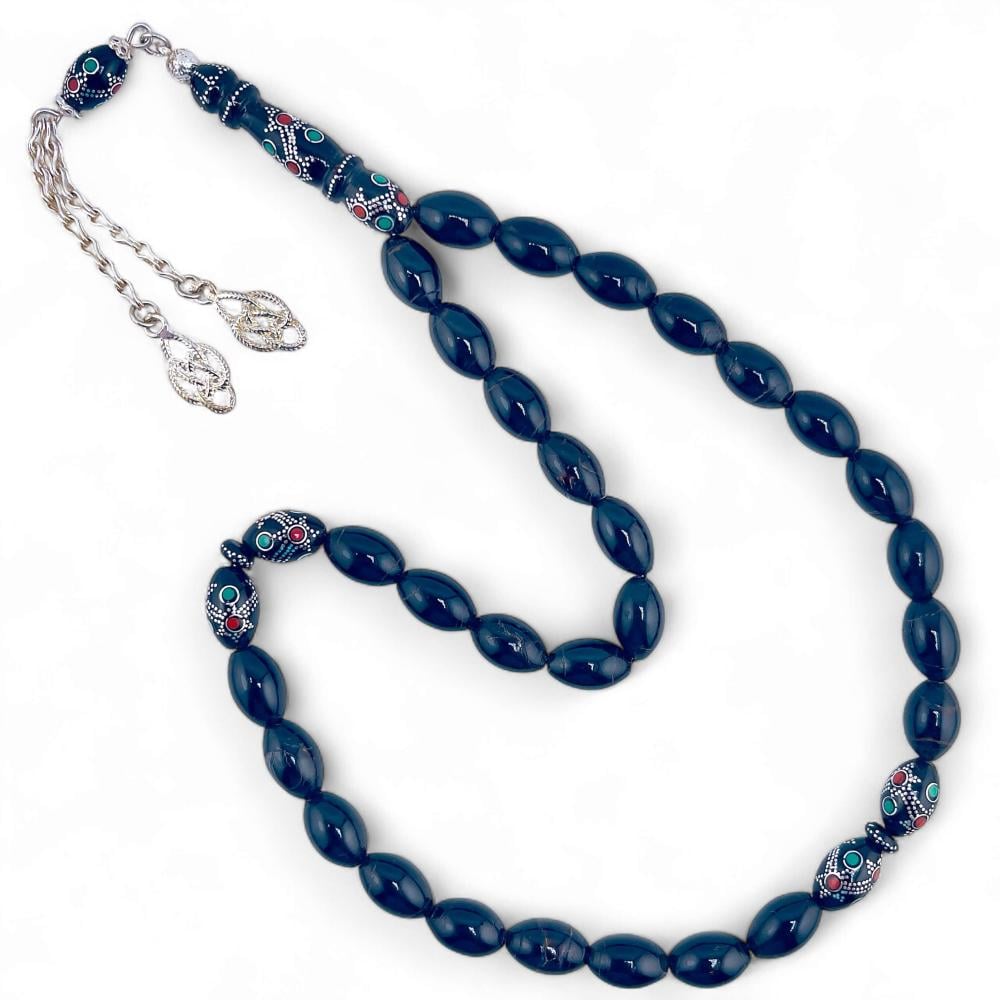 سبحة يسر فاخر الفواصل مطعمة بالفضة عيار 925 و لون الفيروز و المرجان - 10 ملي