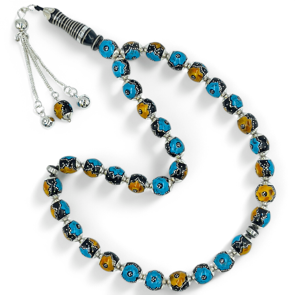 سبحة يسر مطعمة بالفضة فاخرة عيار 925 مطعمة بالكهرمان و الفيروز - 10 ملي