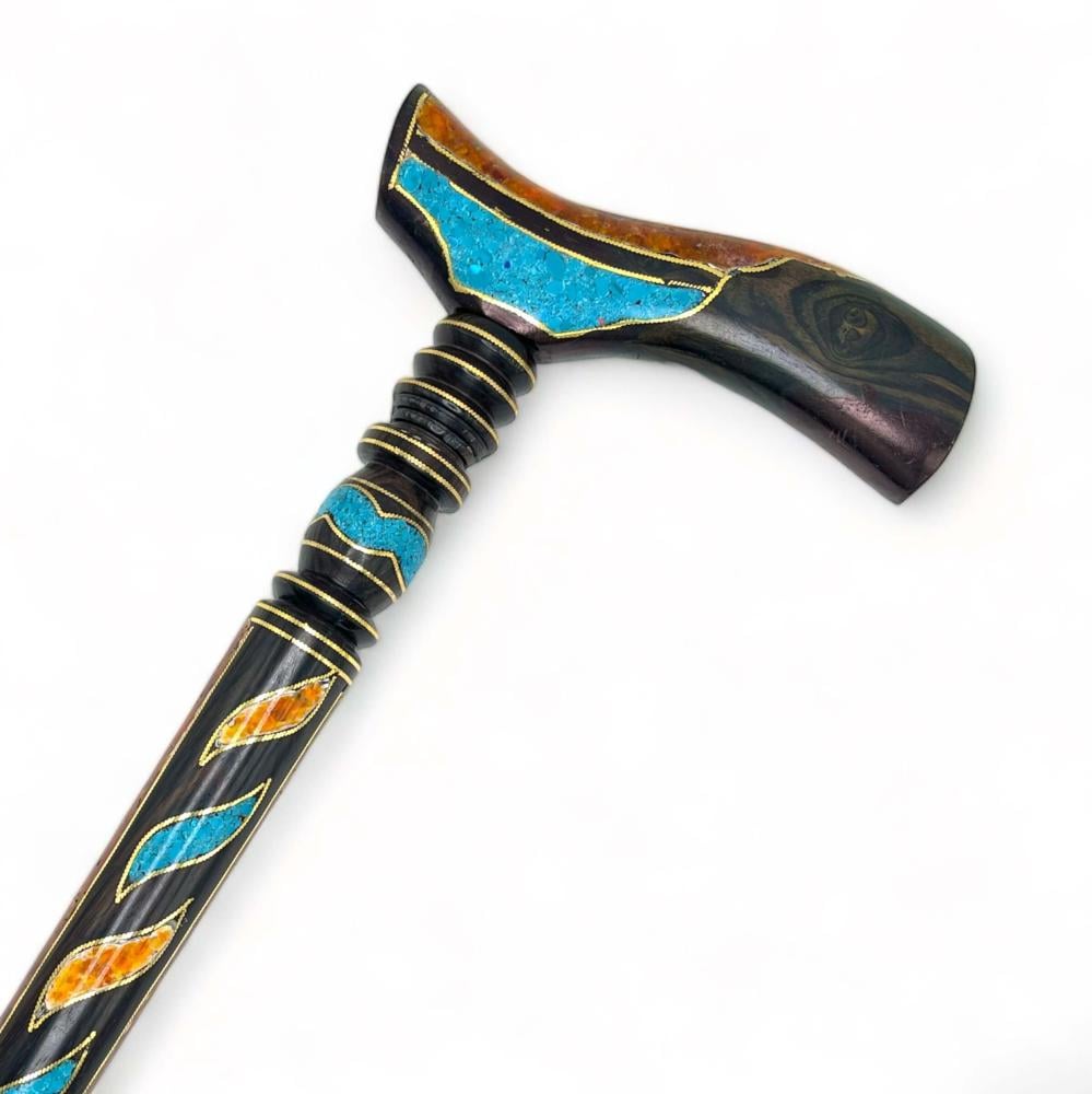 عصا عكاز من خشب الابنوس مرصعة بالفيروز و الكهرمان الطبيعي