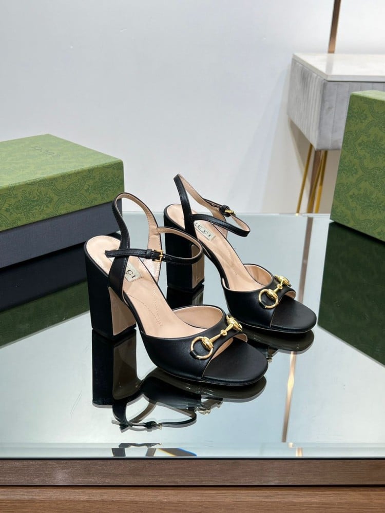 Gucci Black Leather Horsebit Ankle Strap Open Toe Block Heel Sandals