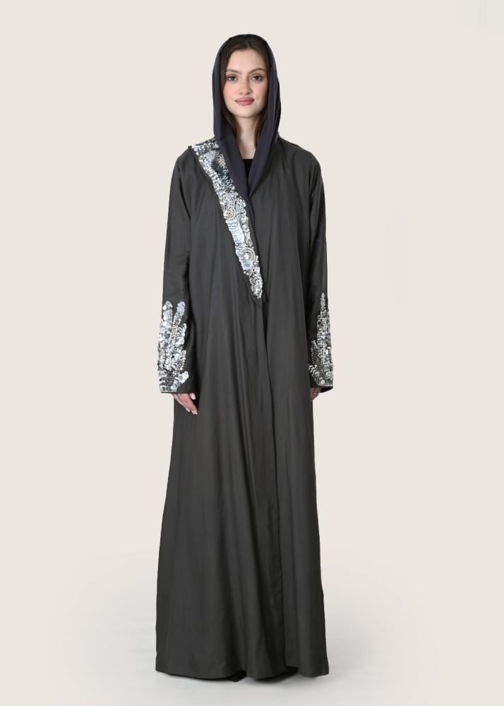 L202- عباية لنن رمادي تطريز