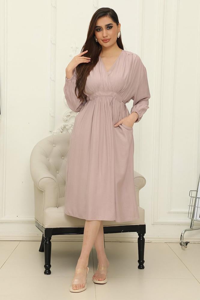 فستان نسائي ميدي ساده مخصر باكمام طويلة