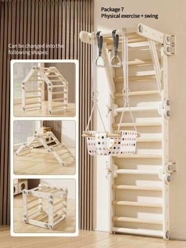 جهاز التسلق مع حلقات التوازن و مرجيحة لون بني فاتح وبرتقالي