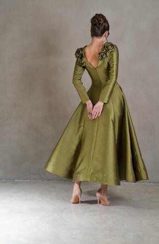 Olive Green Open Back Taffeta Midi Dress