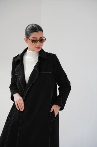 Black Trench Coat Abaya - ترنش كوت شمواه أسود بتطر...