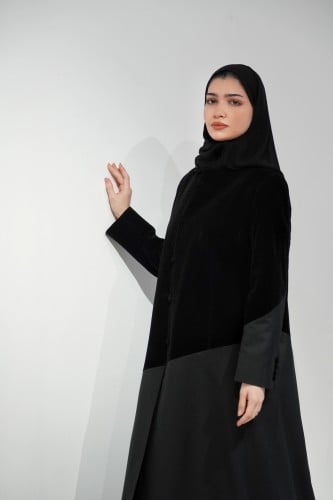 عباية بليزر - تو توند أسود مخمل شمواه وكريب كتان