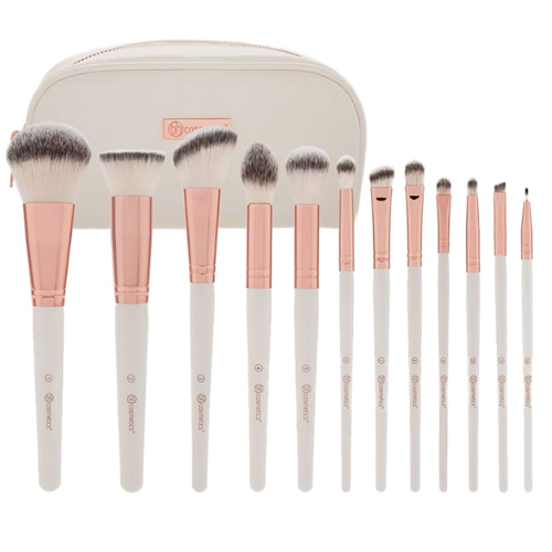 بي اتش كوزماتيكس -  طقم فُرش مكياج روز رومانس من 12 قطعة أبيض/ذهبي/بيج