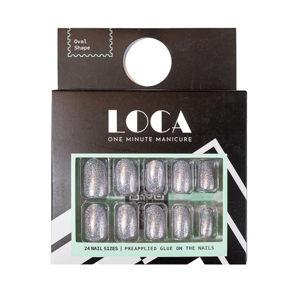 لوكا اظافر صناعية لصق ذاتي لون فضي لامع شكل اوفال M3
