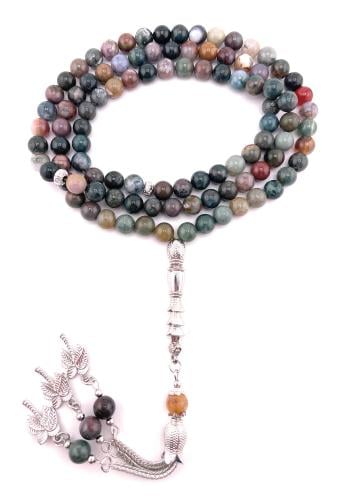 مسبحة حجر العقيق الاخضر الغامق (Moss Agate)