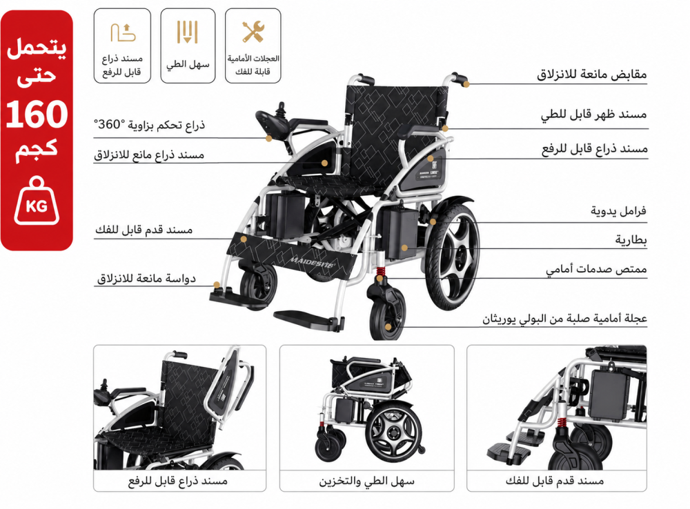 كرسي متحرك كهربائي لكبار السن 22 انش يتحمل 160 كجم
