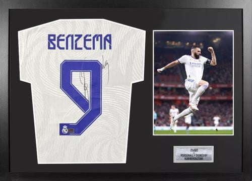 FRAMED KARIM BENZEMA HAND SIGNED REAL MADRID JERSE...
