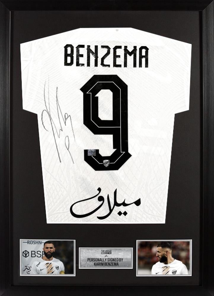 FRAMED KARIM BENZEMA HAND SIGNED ALITTIHAD JERSEY - THEUNIQUECORNER