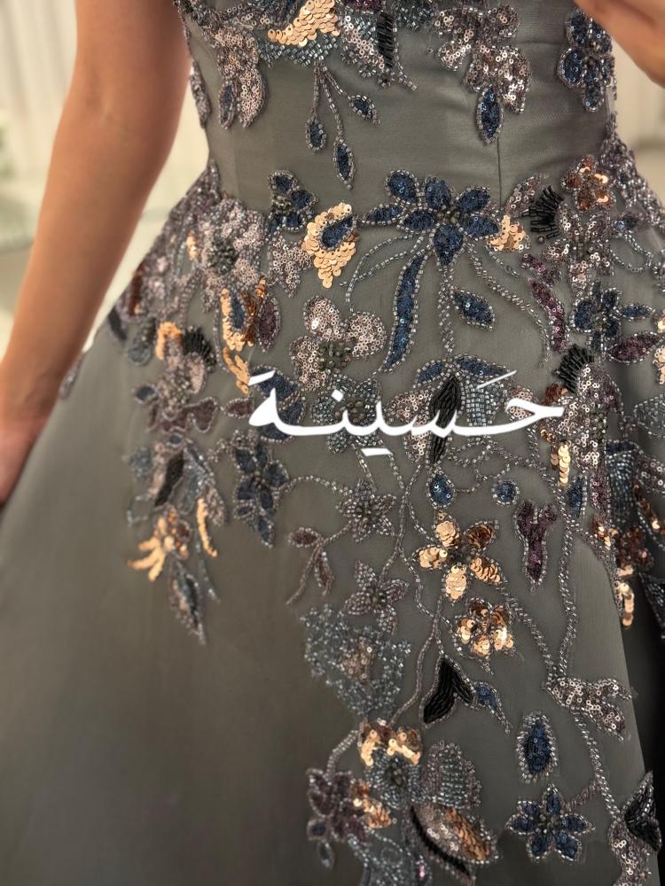 Long embroidered gray evening dress