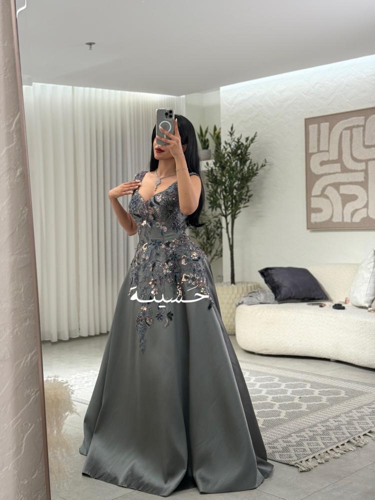Long embroidered gray evening dress