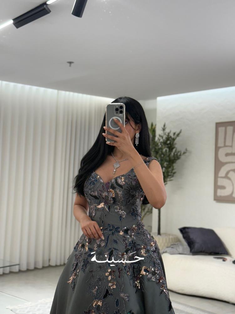 Long embroidered gray evening dress