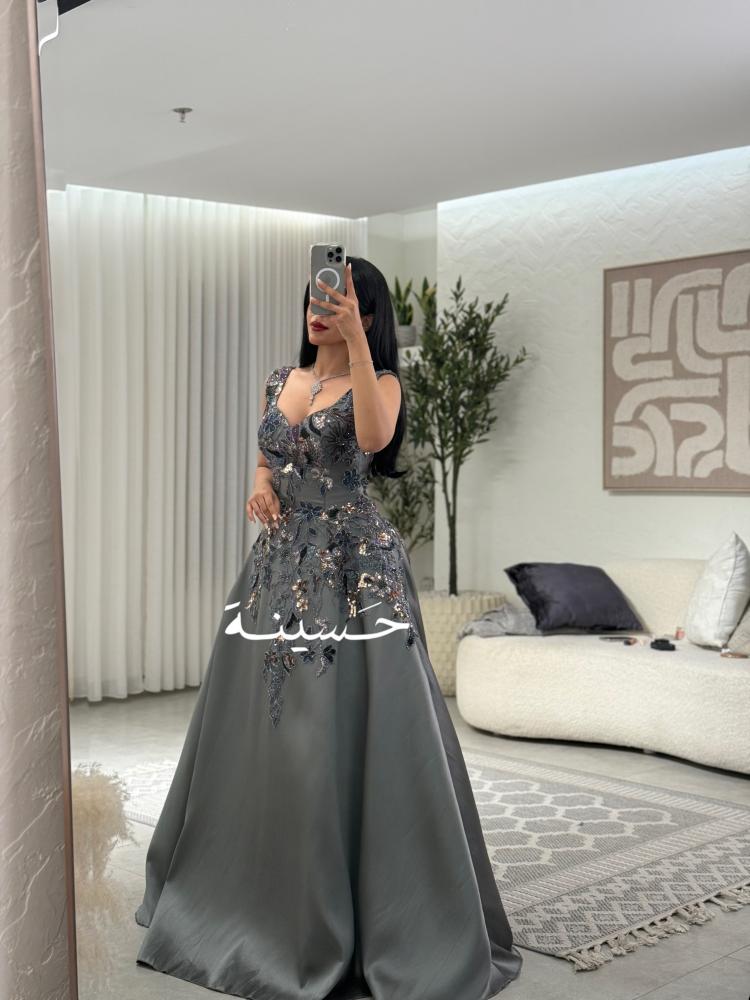 Long embroidered gray evening dress