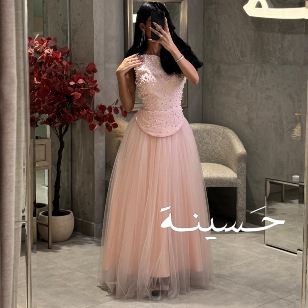 فستان وردي توب مطرز لؤلؤ تول