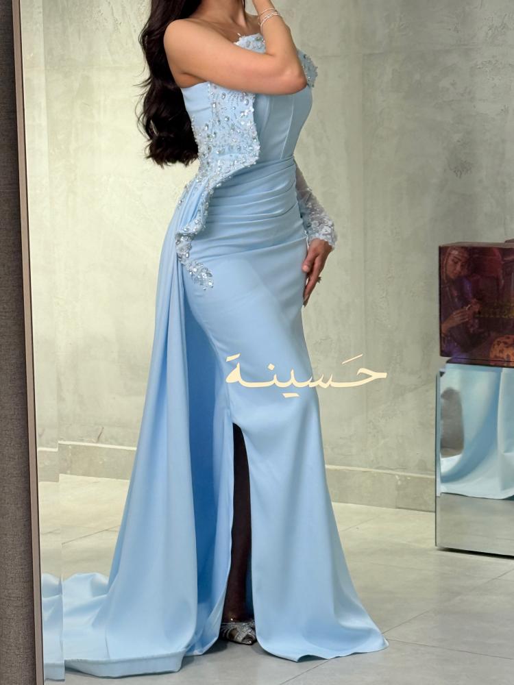 Sky blue embroidered off-the-shoulder dress