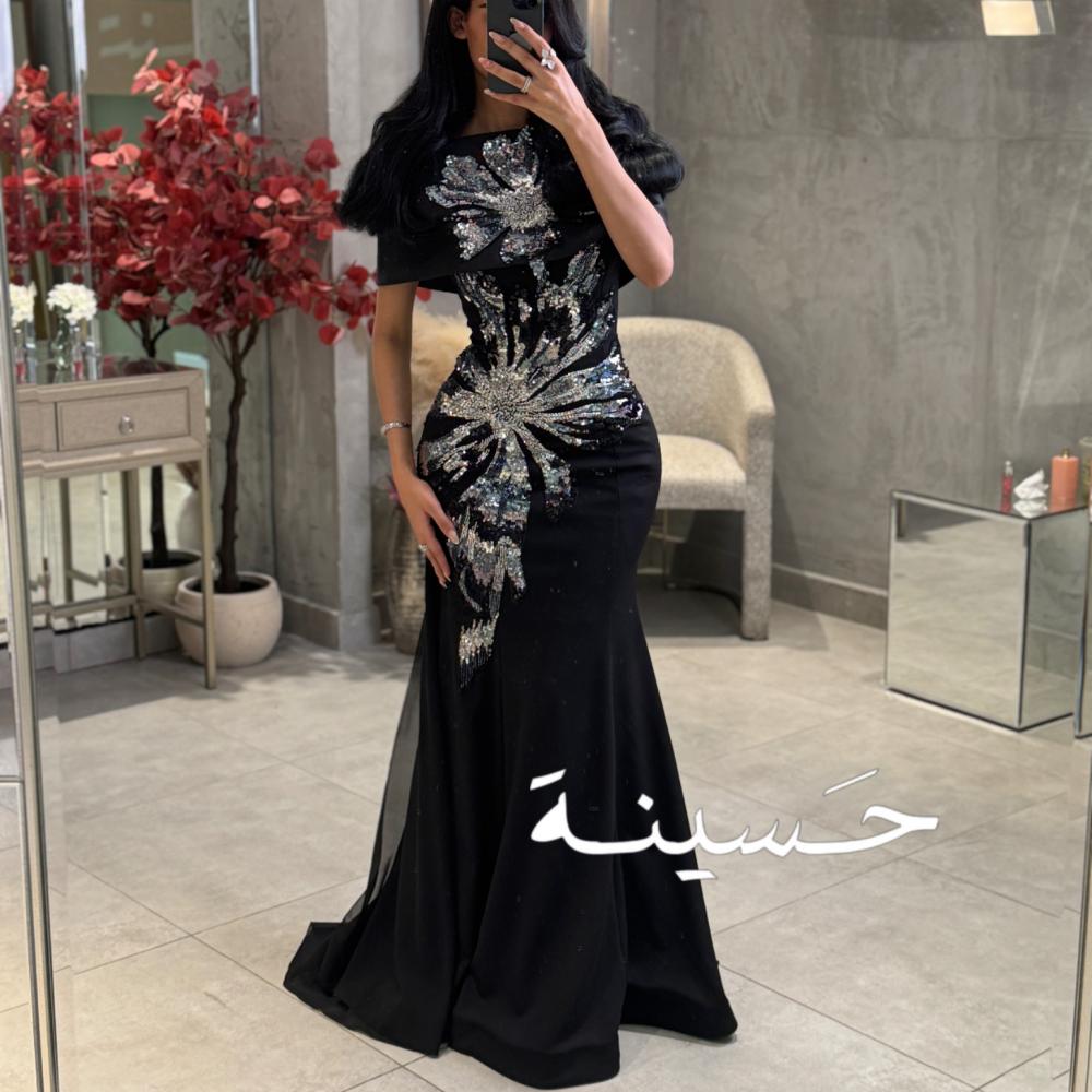 فستان اسود انيق مطرز بورد من الخصر
