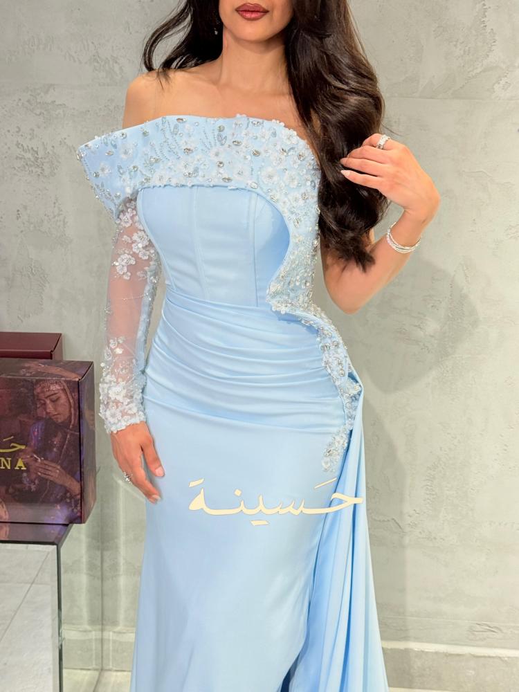 Sky blue embroidered off-the-shoulder dress