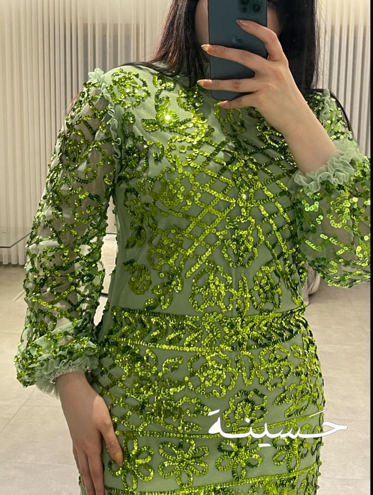 فستان تول أخضر مطرز بالترتر اللامع