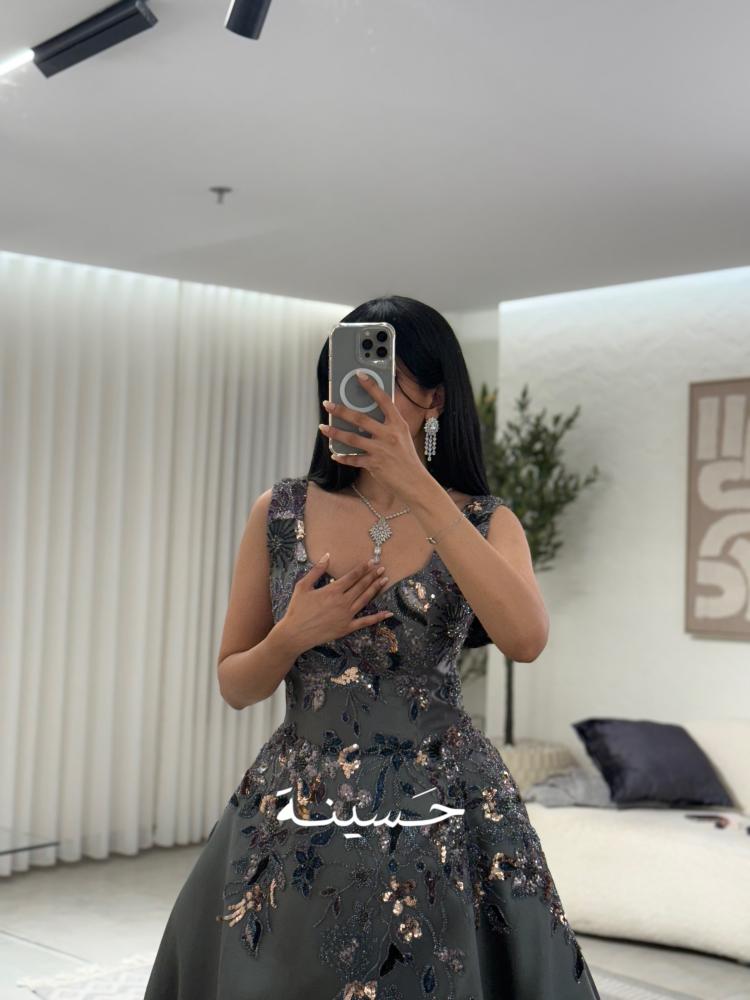 Long embroidered gray evening dress