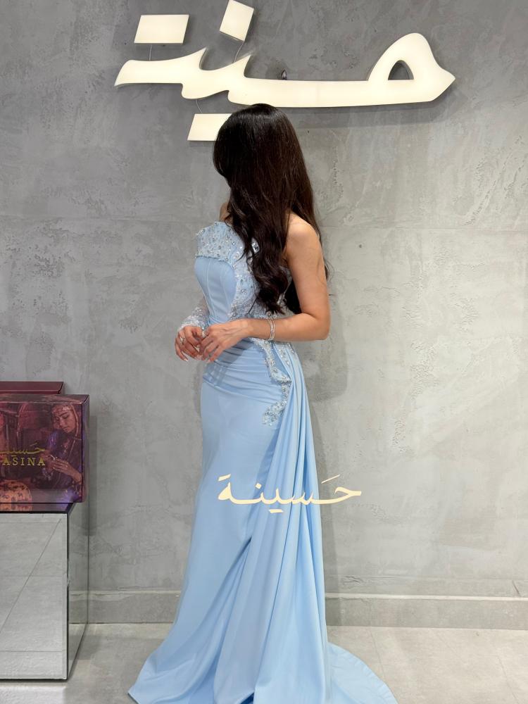 Sky blue embroidered off-the-shoulder dress