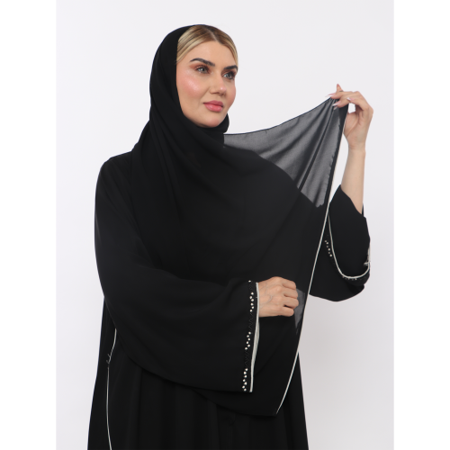 عبايه لمسه حرير نصف كلوش تحديد بالجنب قيطان بيج وا...